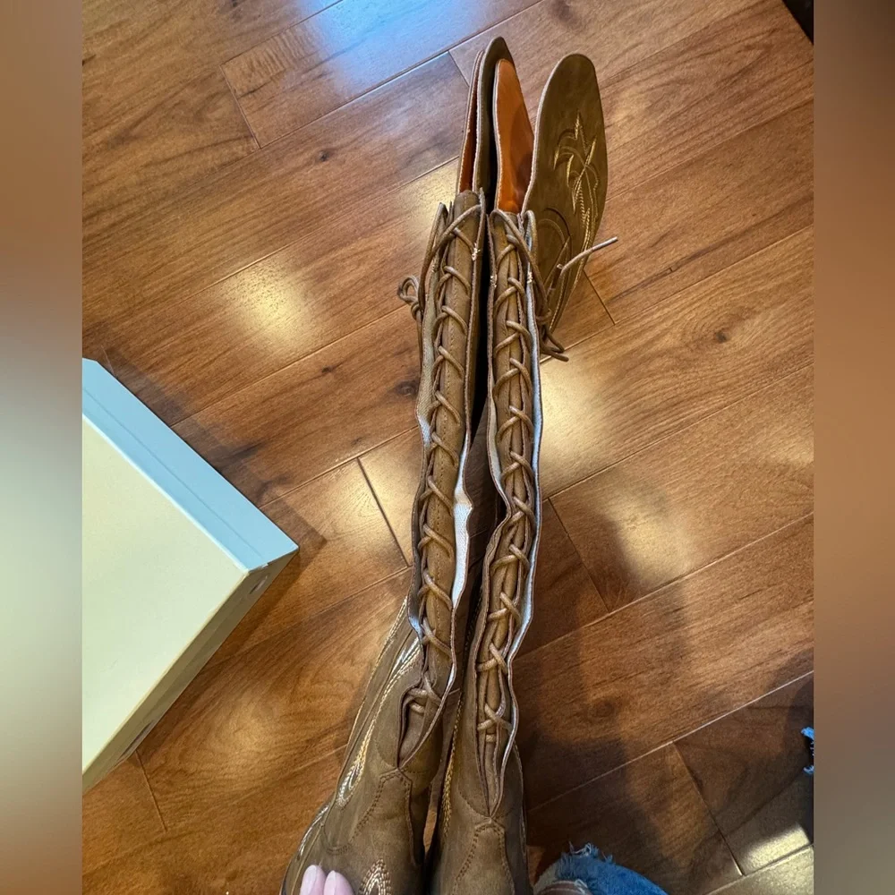 NIB Thigh High Brown Embroidered Cowboy Boots - Picture 8 of 15